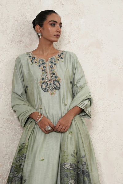 Dhaani Hand-Embroidered Kurta Set with Pants &amp; Dupatta | Sage Green | Chanderi &amp; Satin | Women | THETAA