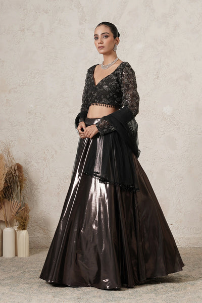 Saaya Metallic Lehenga Set with Hand-Embroidered Blouse &amp; Dupatta | Gunmetal | Polyester &amp; Net | Women | THETAA