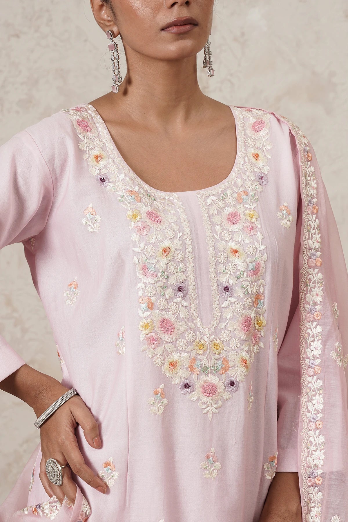 Gulabi Hand-Embroidered Kurta Palazzo Set with Dupatta | Light Pink | Chanderi & Satin | Women | THETAA