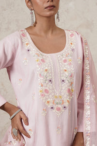 Gulabi Hand-Embroidered Kurta Palazzo Set with Dupatta | Light Pink | Chanderi & Satin | Women | THETAA