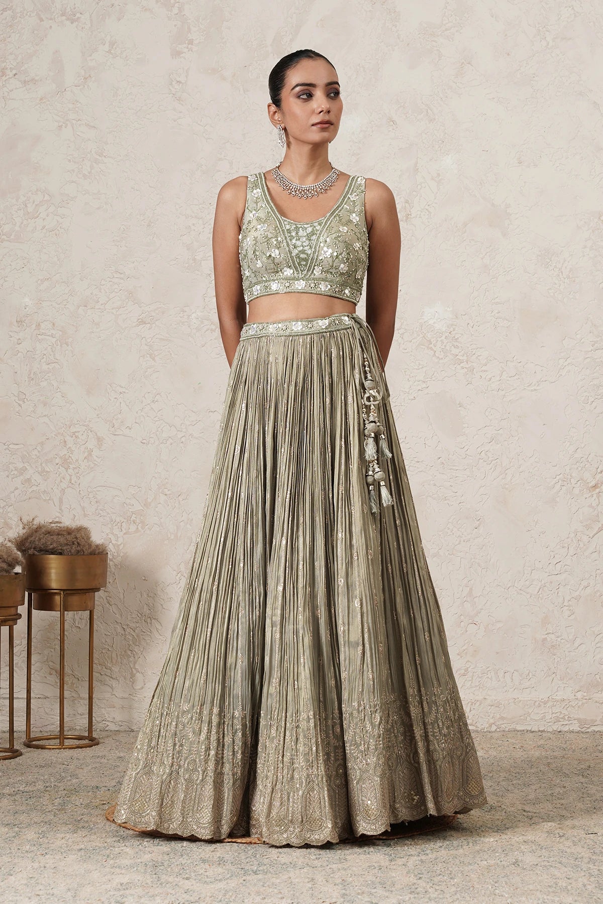 Pista Crushed Lehenga Set with Hand-Embroidered Blouse & Dupatta | Sage Green & Antique Gold | Polyester | Women | THETAA