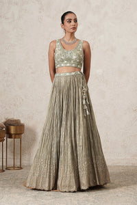Pista Crushed Lehenga Set with Hand-Embroidered Blouse & Dupatta | Sage Green & Antique Gold | Polyester | Women | THETAA