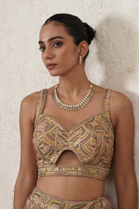 Sharbati Crushed Lehenga Set with Hand-Embroidered Blouse & Dupatta | Champagne Rose | Polyester | Women | THETAA