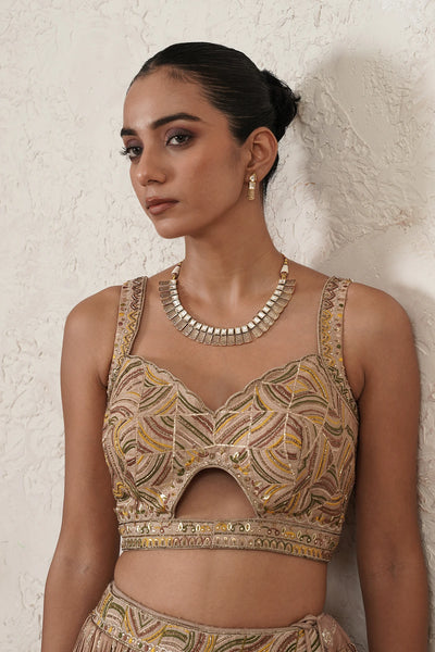 Sharbati Crushed Lehenga Set with Hand-Embroidered Blouse &amp; Dupatta | Champagne Rose | Polyester | Women | THETAA