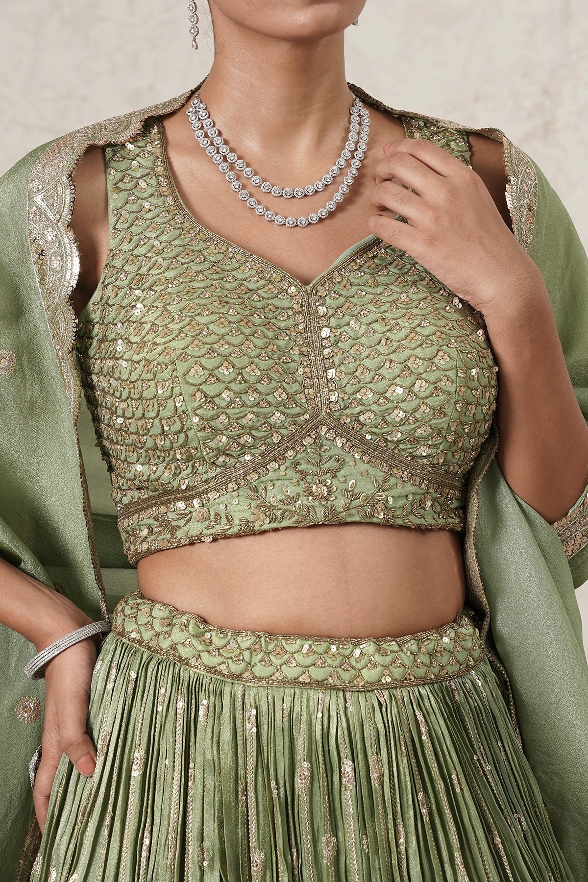 Hina Crushed Lehenga Set with Hand-Embroidered Blouse & Dupatta | Green | Polyester | Women | THETAA