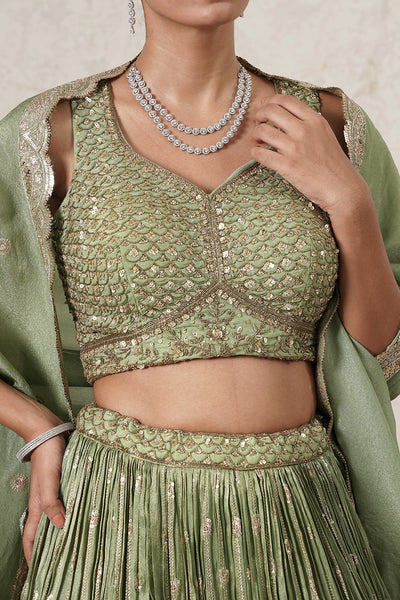 Hina Crushed Lehenga Set with Hand-Embroidered Blouse &amp; Dupatta | Green | Polyester | Women | THETAA