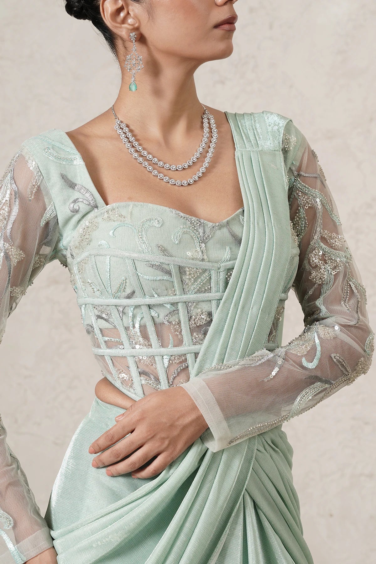 Jharokha Pre-Draped Saree with Hand-Embroidered Corset Blouse | Mint Green | Imported Net | Women | THETAA