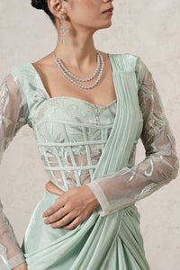 Jharokha Pre-Draped Saree with Hand-Embroidered Corset Blouse | Mint Green | Imported Net | Women | THETAA