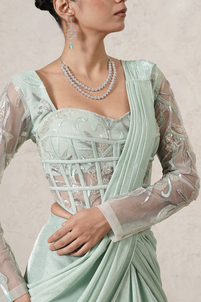 Jharokha Pre-Draped Saree with Hand-Embroidered Corset Blouse | Mint Green | Imported Net | Women | THETAA
