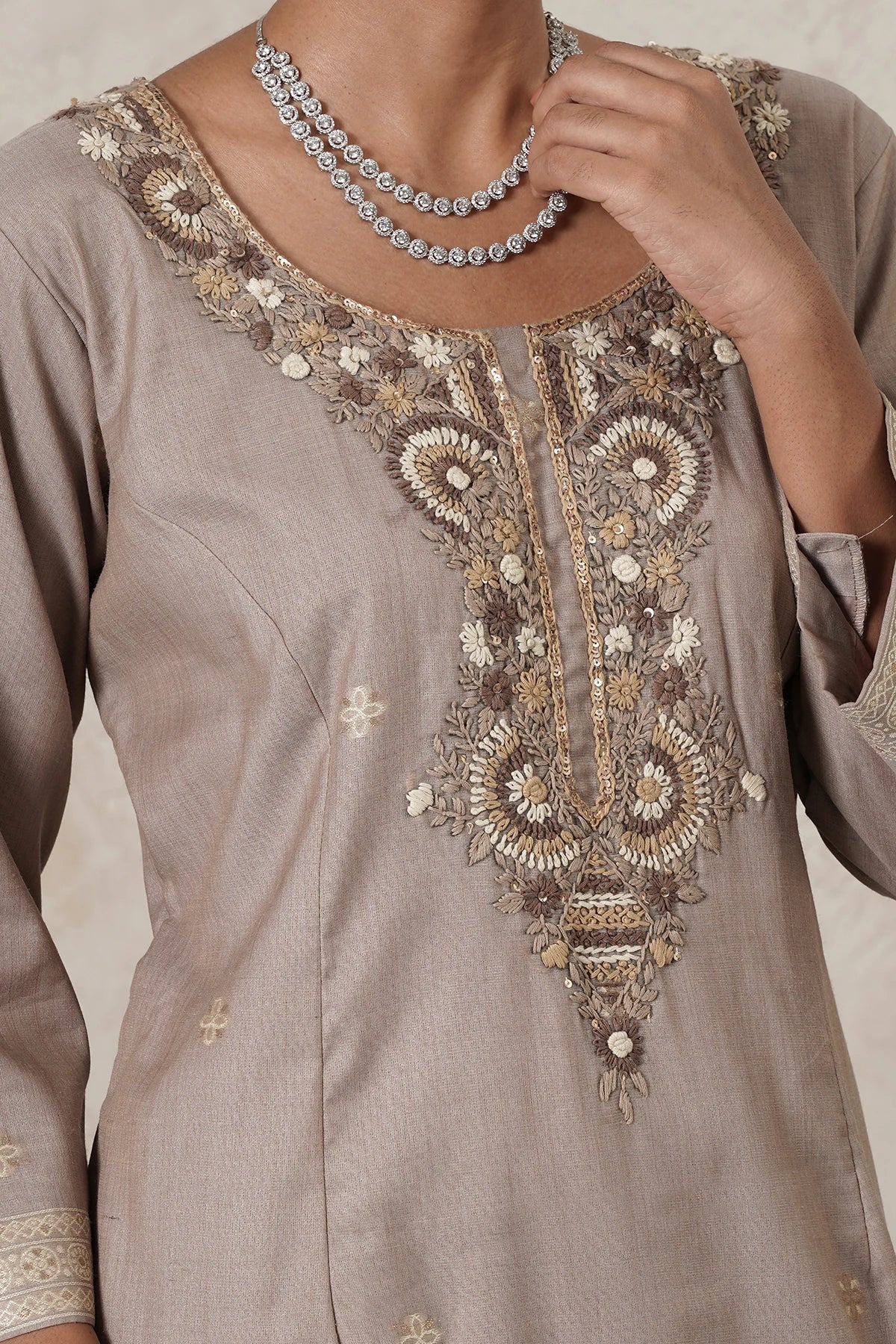 Thehraav Hand-Embroidered Kurta Palazzo Set with Dupatta | Beige | Chanderi & Satin | Women | THETAA