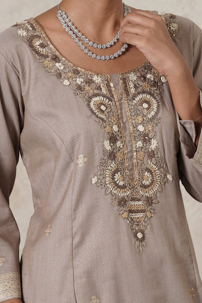 Thehraav Hand-Embroidered Kurta Palazzo Set with Dupatta | Beige | Chanderi &amp; Satin | Women | THETAA