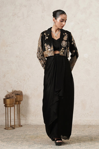 Aabhaas Dhoti Saree Set with Hand-Embroidered Cropped Jacket | Black &amp; Antique Gold | Imported Net | Women | THETAA
