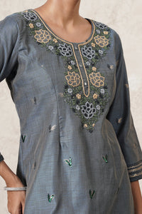 Parwaaz Hand-Embroidered Kurta Set with Pants & Dupatta | Slate Blue | Chanderi & Satin | Women | THETAA