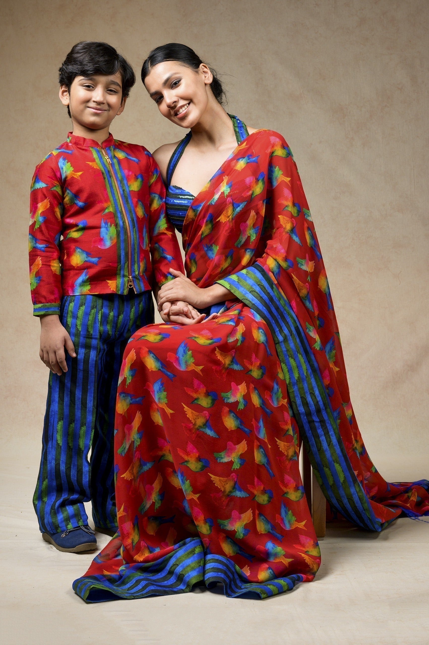 Birds print hand embroidered twinning set for Mom + Daughter + Son image 21