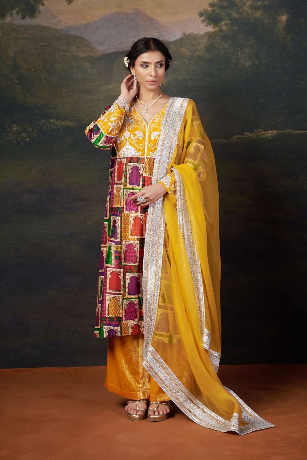 Hand-Embroidered Jharoka Print Yellow Kurta Set image 6