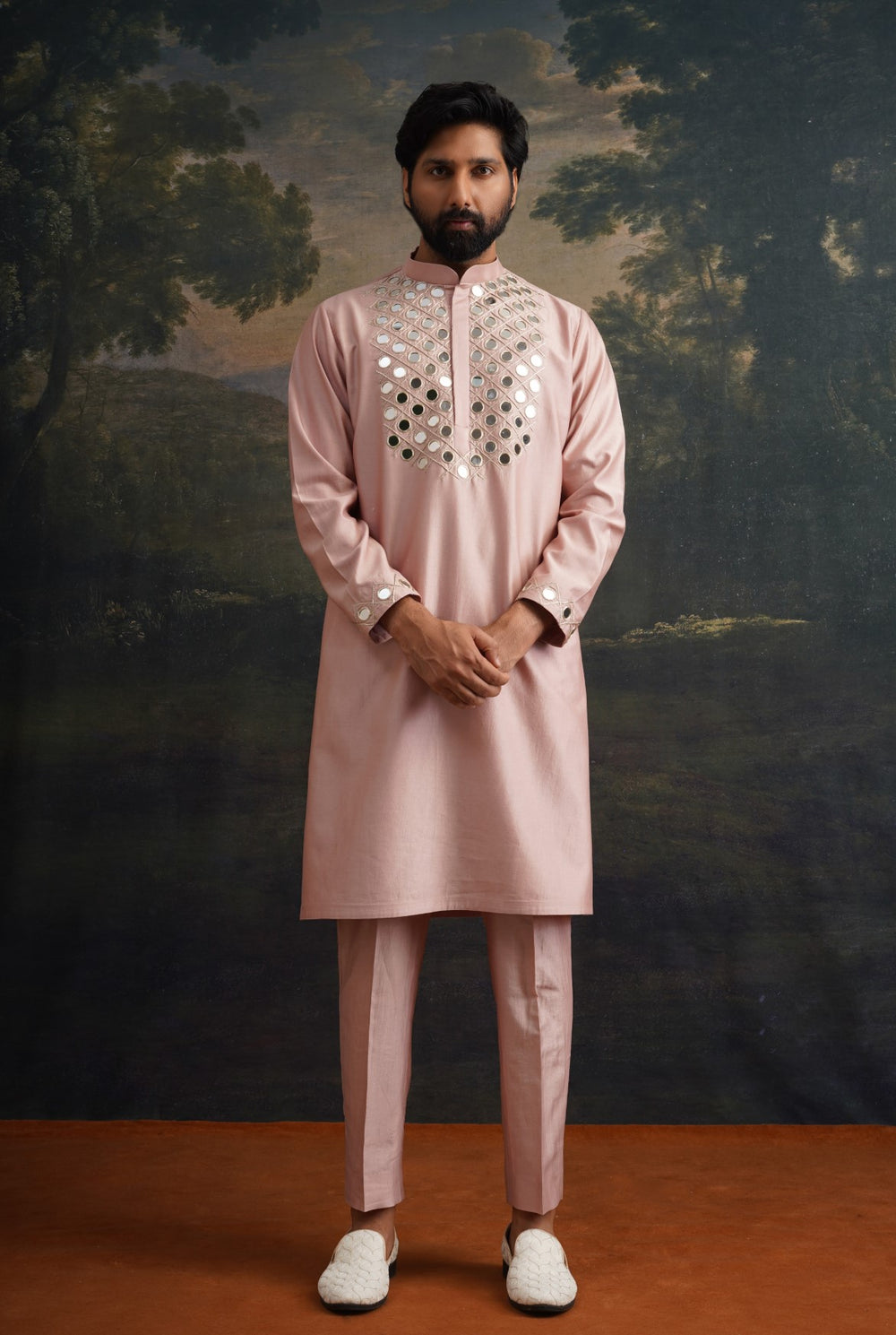 Burnt pink hand embroidered Mirror Work Kurta with Matching Pyjama image 1
