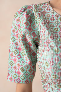 Embroidered blouse with organza lehenga, dupatta image 14