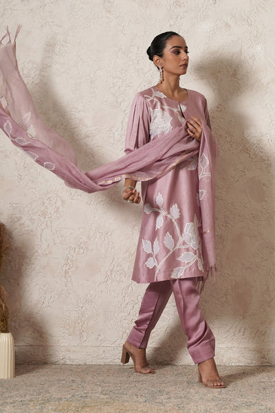 Mogra Floral Motif Kurta Set with Pants &amp; Dupatta | Mauve Pink | Chanderi &amp; Satin | Women | THETAA