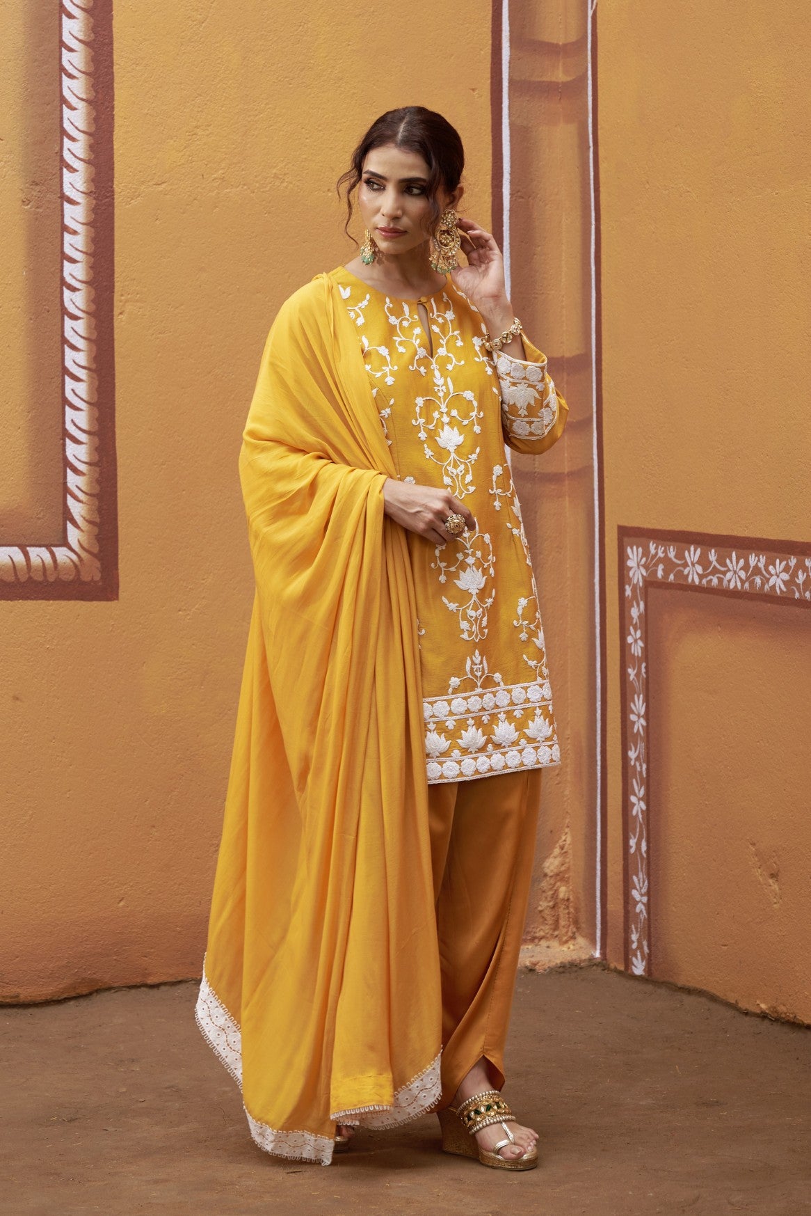 Lotus motif thread work golden yellow kurta set image 5