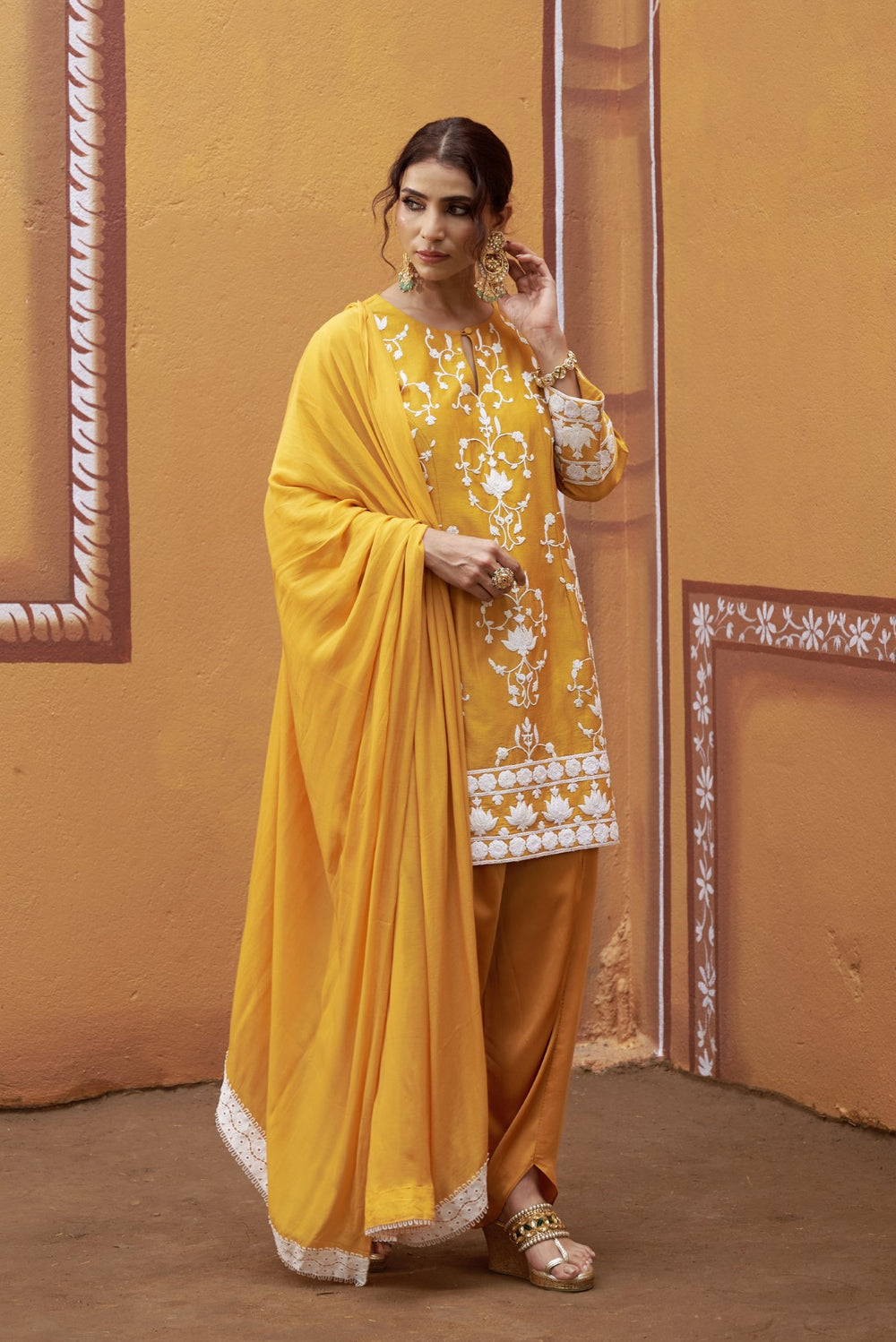Lotus motif thread work golden yellow kurta set image 5