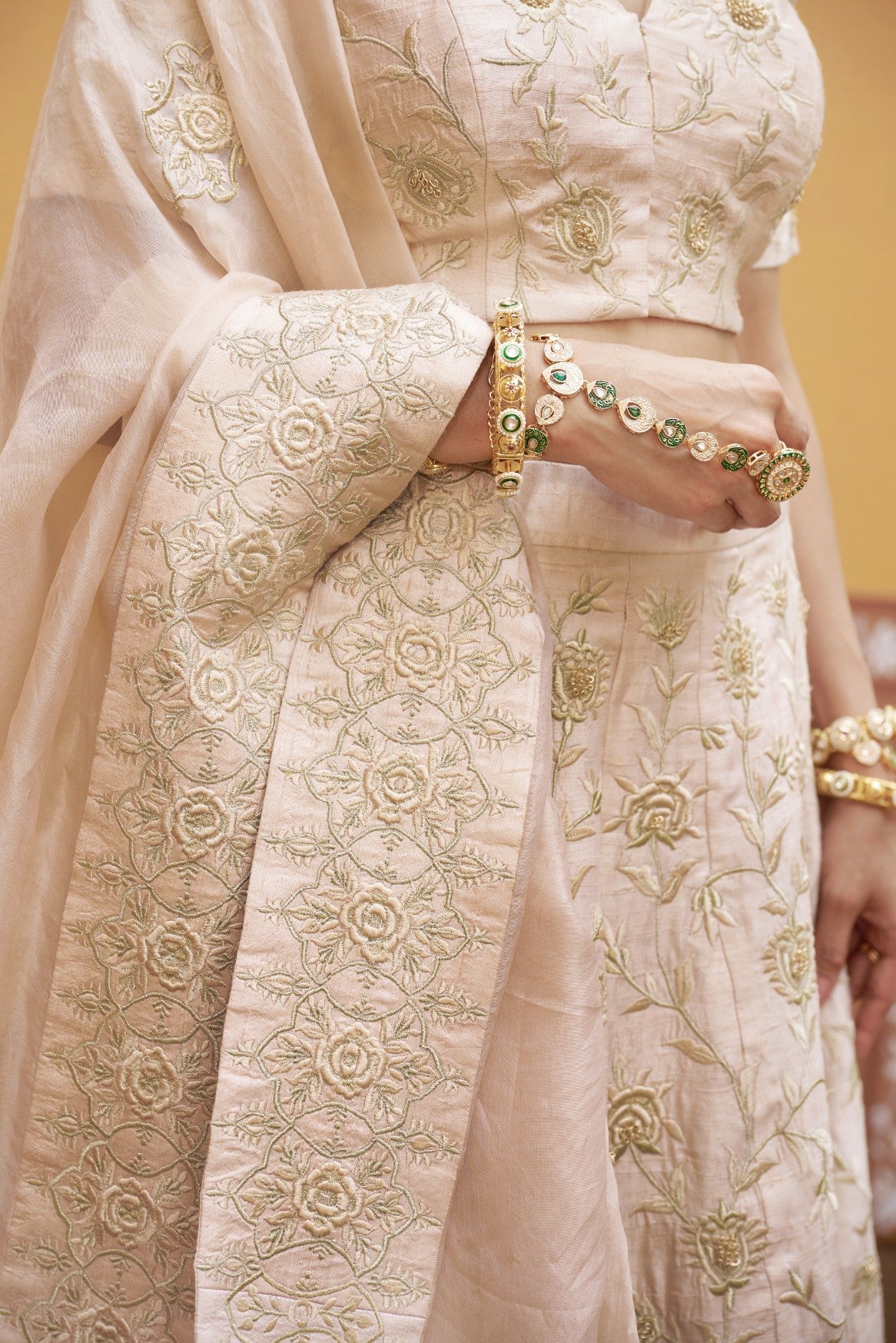 Ivory gold jaal work fully embroidered lehenga with blouse and dupatta image 3
