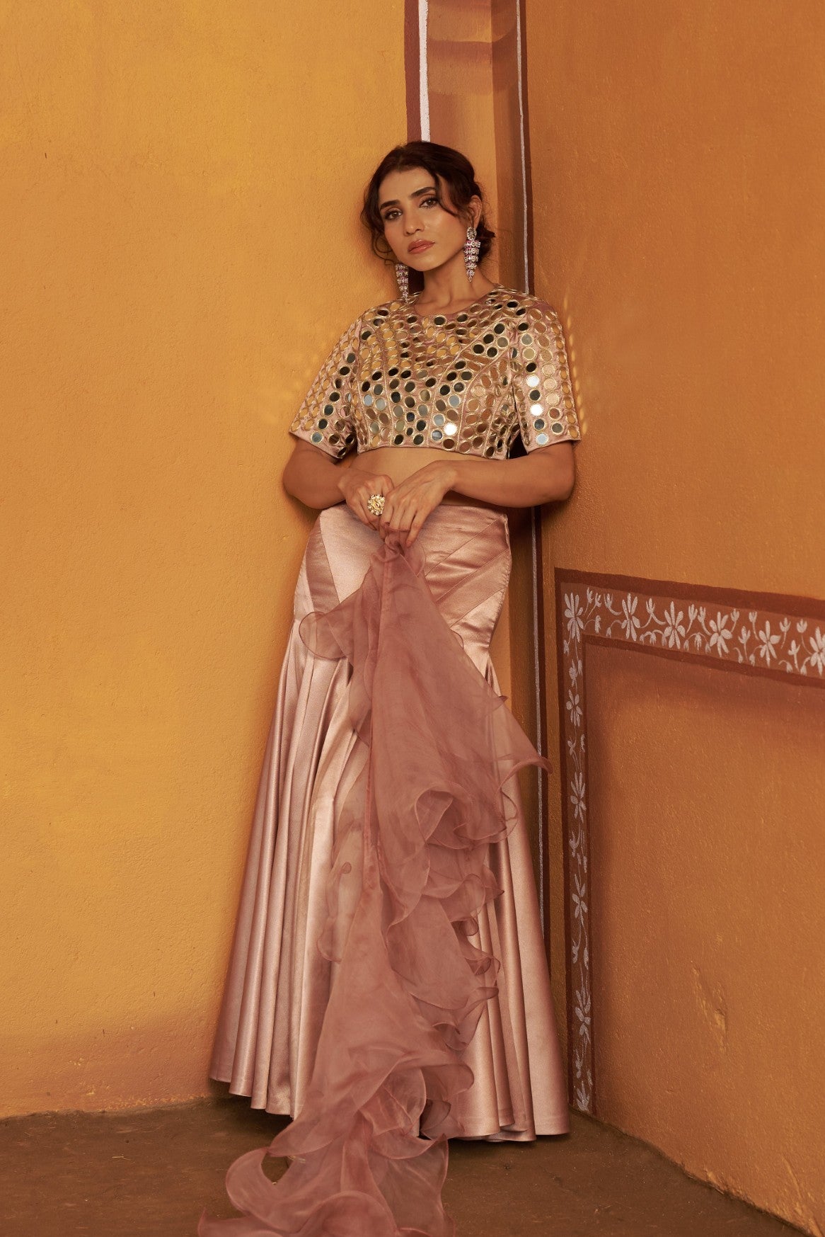 Hand-Embroidered Mirror Work Blouse with Blush Pink Kalidar Lehenga & Ruffle Dupatta image 3
