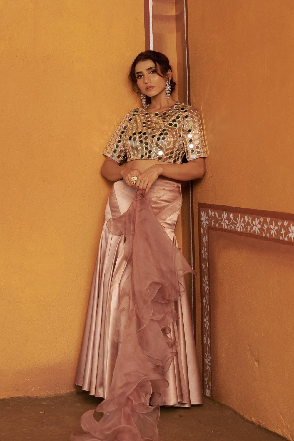Hand-Embroidered Mirror Work Blouse with Blush Pink Kalidar Lehenga & Ruffle Dupatta image 3