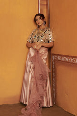 Hand-Embroidered Mirror Work Blouse with Blush Pink Kalidar Lehenga & Ruffle Dupatta image 3