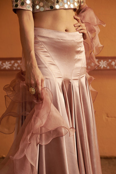 Hand-Embroidered Mirror Work Blouse with Blush Pink Kalidar Lehenga & Ruffle Dupatta image 4