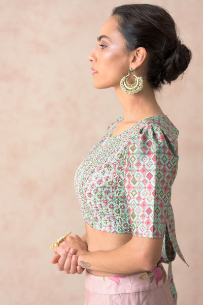 Embroidered blouse with organza lehenga, dupatta image 10