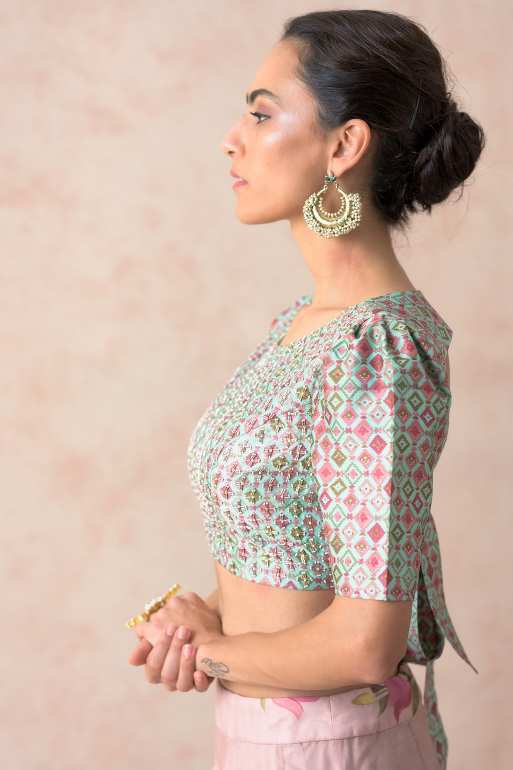 Embroidered blouse with organza lehenga, dupatta image 10