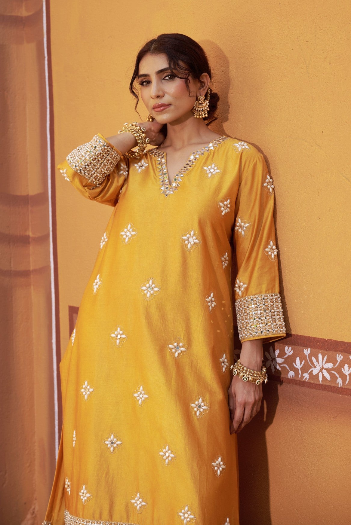 Golden yellow hand embroidered mirror work kurta set image 1