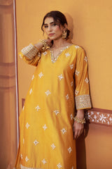 Golden yellow hand embroidered mirror work kurta set image 1