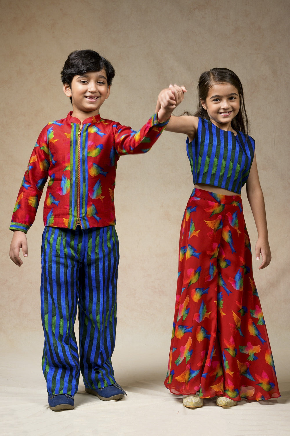 Birds print hand embroidered twinning set for Sister + Brother image 0