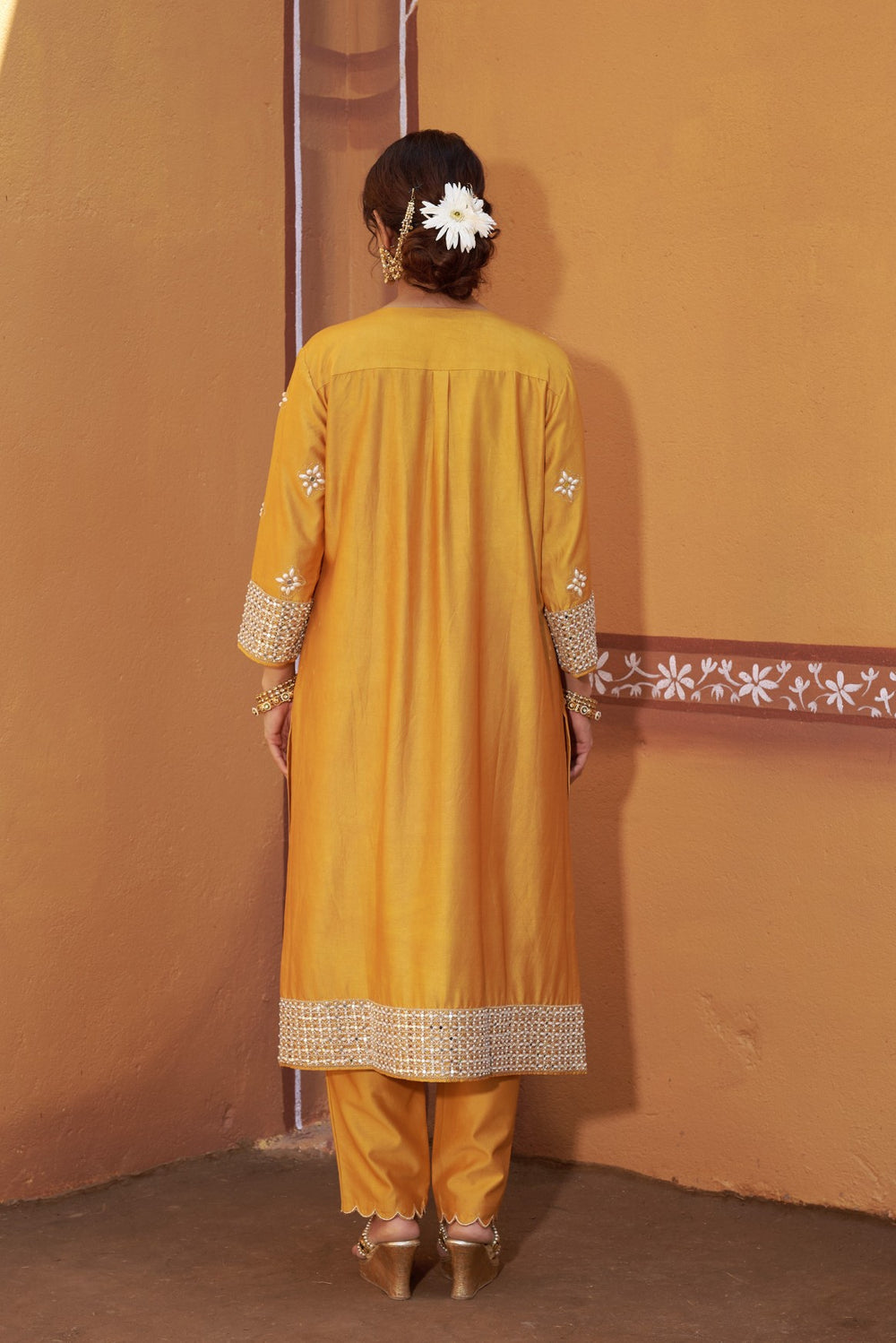 Golden yellow hand embroidered mirror work kurta set image 7