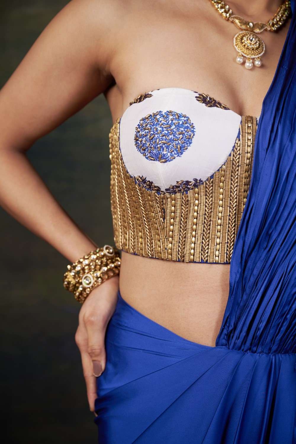 Fully Hand-Embroidered & Hand-Stitched Blouse with Stylish Wire Work Pallu cocktail Saree image 7
