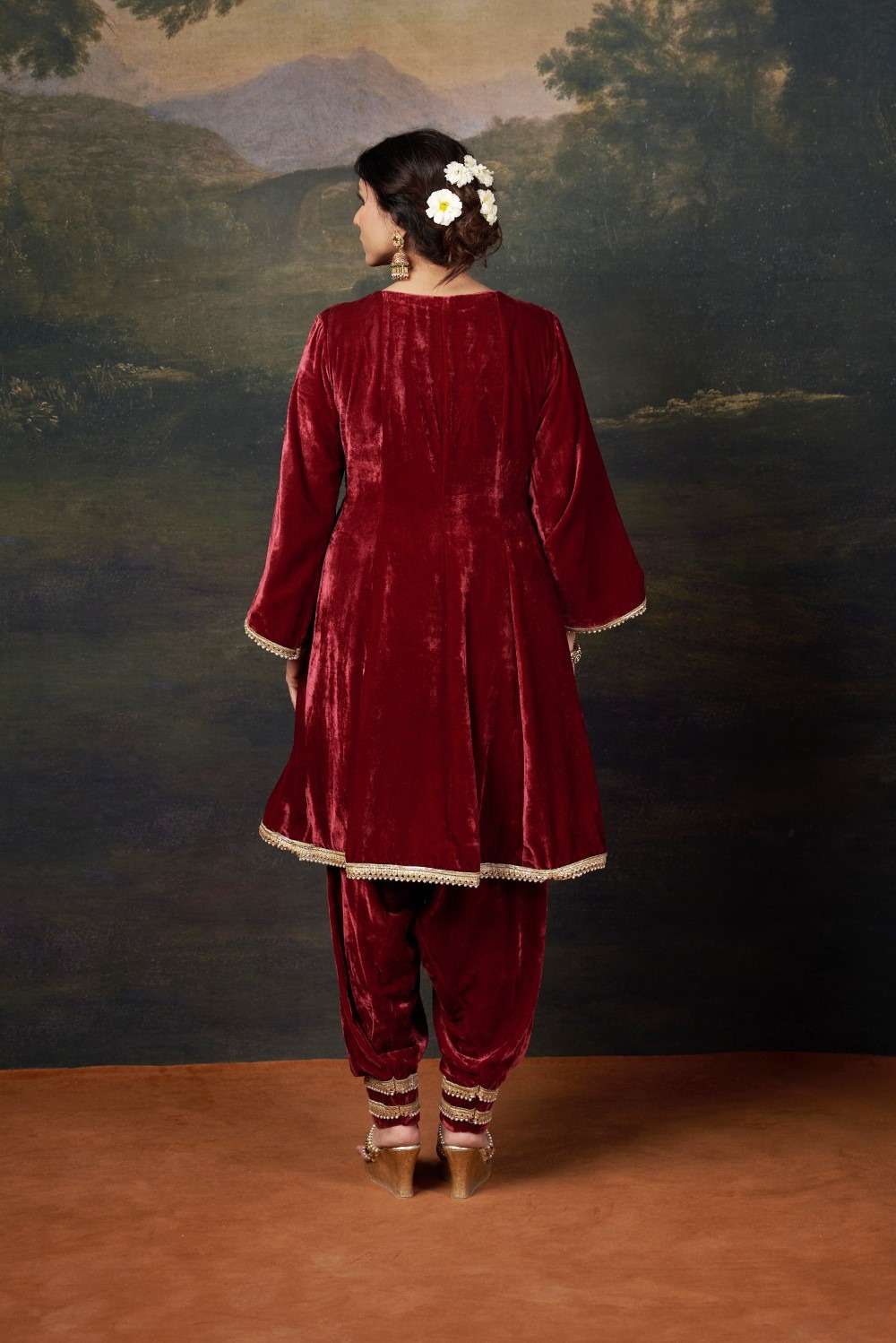 Hand-Embroidered Velvet Red Kalidar Anarkali Set image 5