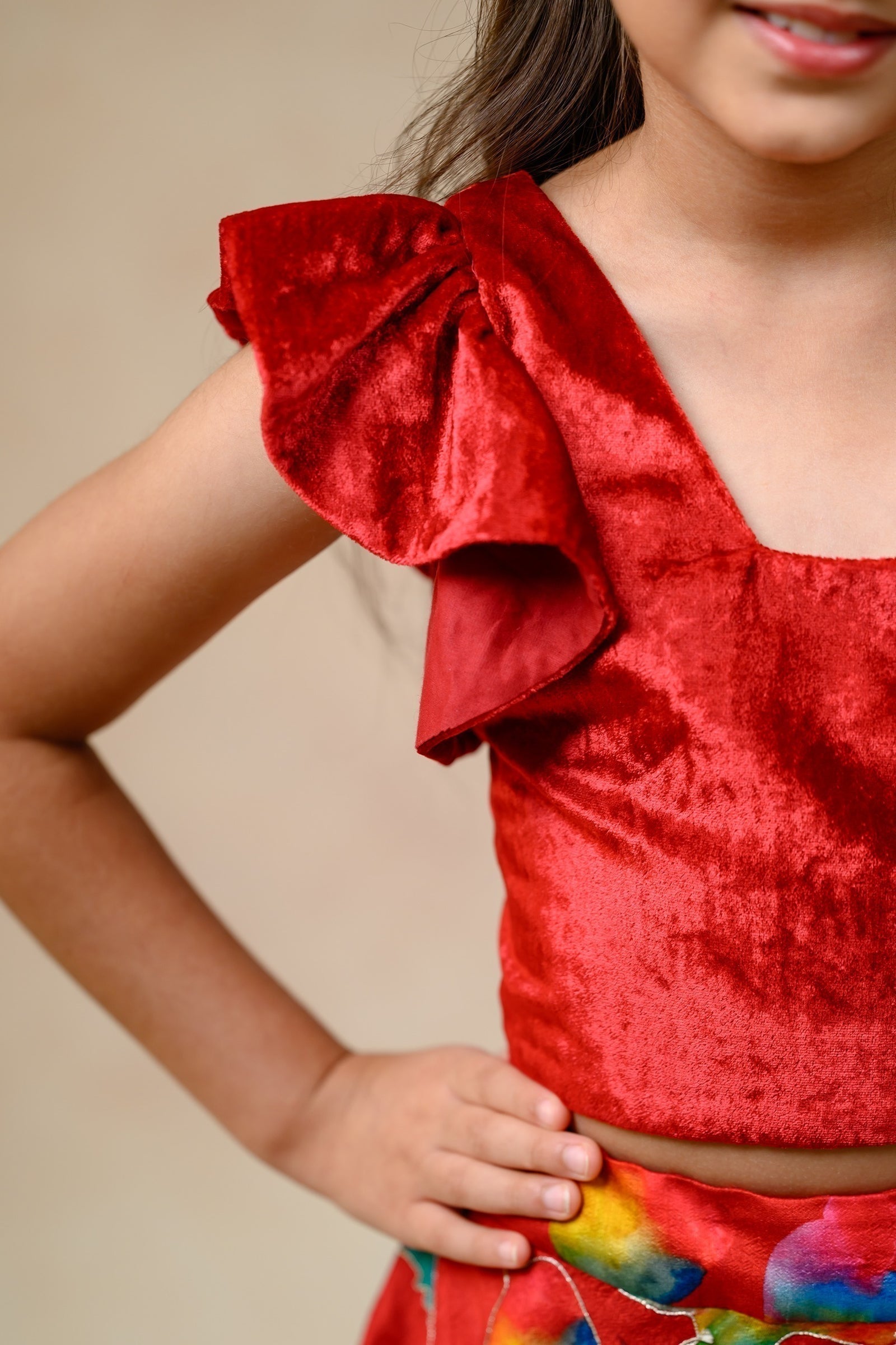 Hand Embroidered Lehenga With Ruffle Blouse And Feather Dupatta image 8