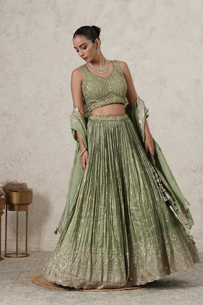 Hina Crushed Lehenga Set with Hand-Embroidered Blouse &amp; Dupatta | Green | Polyester | Women | THETAA