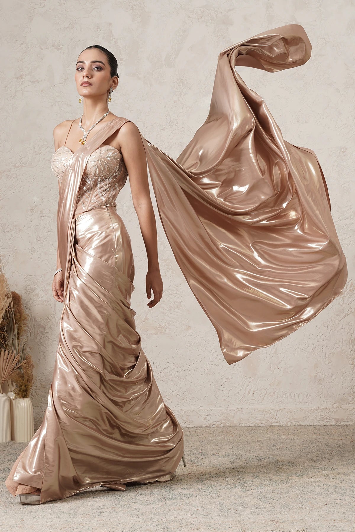 Sunehri Pre-Draped Saree with Hand-Embroidered Corset Blouse | Beige Gold | Imported Net | Women | THETAA