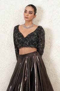 Saaya Metallic Lehenga Set with Hand-Embroidered Blouse & Dupatta | Gunmetal | Polyester & Net | Women | THETAA