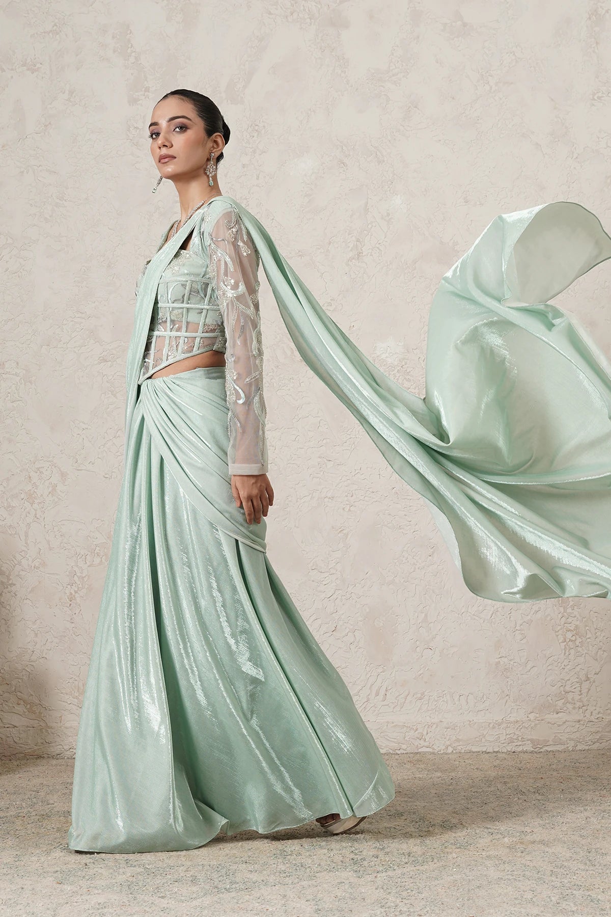 Jharokha Pre-Draped Saree with Hand-Embroidered Corset Blouse | Mint Green | Imported Net | Women | THETAA