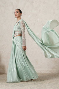 Jharokha Pre-Draped Saree with Hand-Embroidered Corset Blouse | Mint Green | Imported Net | Women | THETAA
