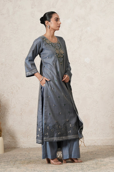 Parwaaz Hand-Embroidered Kurta Set with Pants &amp; Dupatta | Slate Blue | Chanderi &amp; Satin | Women | THETAA