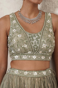 Pista Crushed Lehenga Set with Hand-Embroidered Blouse & Dupatta | Sage Green & Antique Gold | Polyester | Women | THETAA