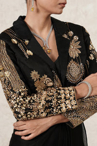 Aabhaas Dhoti Saree Set with Hand-Embroidered Cropped Jacket | Black & Antique Gold | Imported Net | Women | THETAA