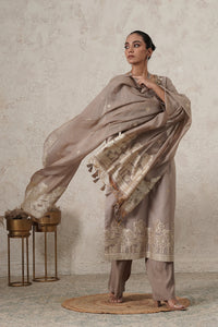 Thehraav Hand-Embroidered Kurta Palazzo Set with Dupatta | Beige | Chanderi & Satin | Women | THETAA