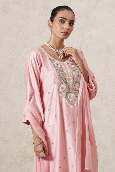 Gulnaar Hand-Embroidered A-Line Kurta Palazzo Set with Dupatta | Dark Pink | Chanderi &amp; Satin | Women | THETAA