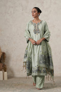 Dhaani Hand-Embroidered Kurta Set with Pants & Dupatta | Sage Green | Chanderi & Satin | Women | THETAA