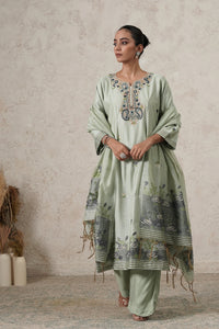Dhaani Hand-Embroidered Kurta Set with Pants & Dupatta | Sage Green | Chanderi & Satin | Women | THETAA